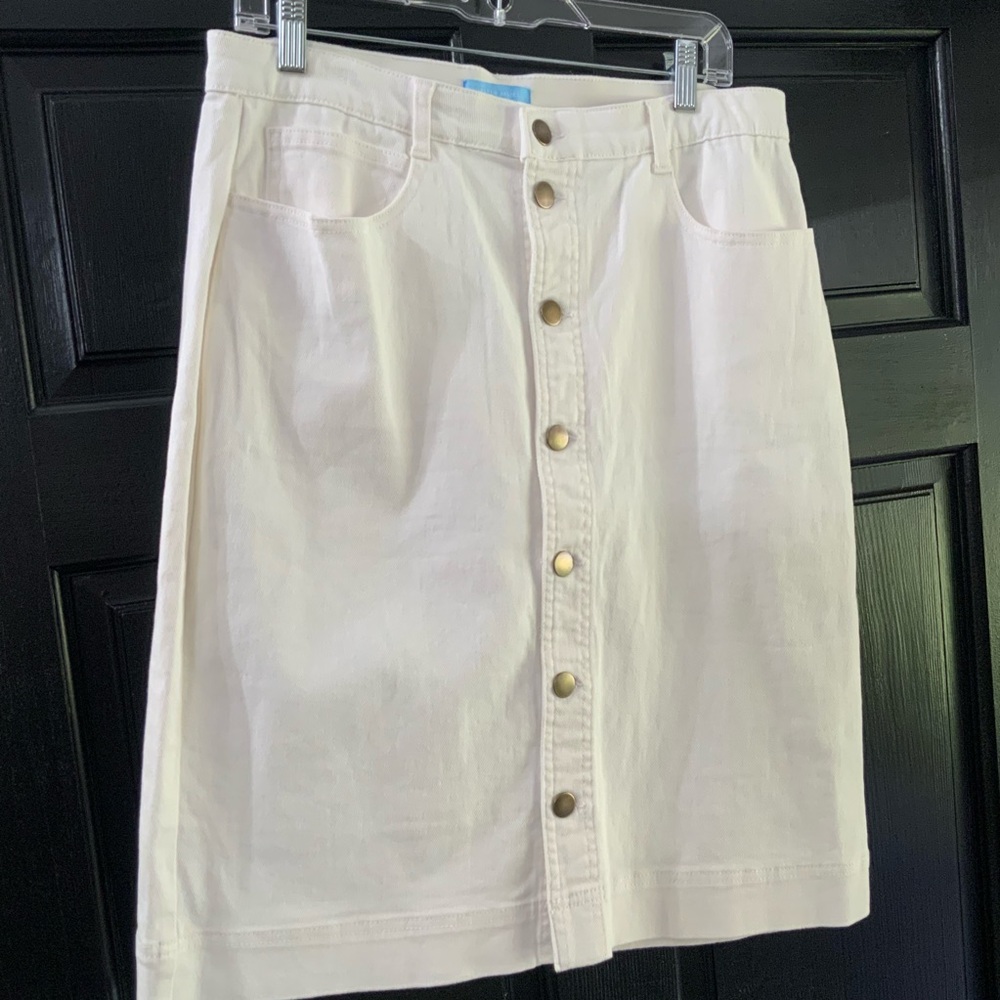 Draper James RSVP White Denim Skirt Size 14 Pockets Button Front Preppy Classic